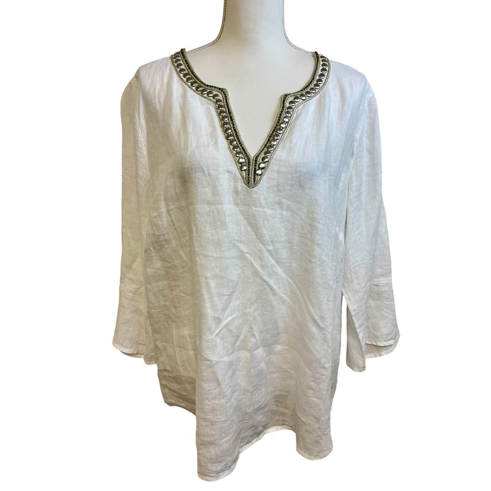 J JILL Love Linen White Tunic‎ Top L Embellished Coastal Hamptons Summer Travel